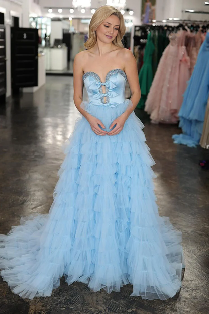 OKBBN A-line Sweetheart Ruffle Layered Long Ball Dress