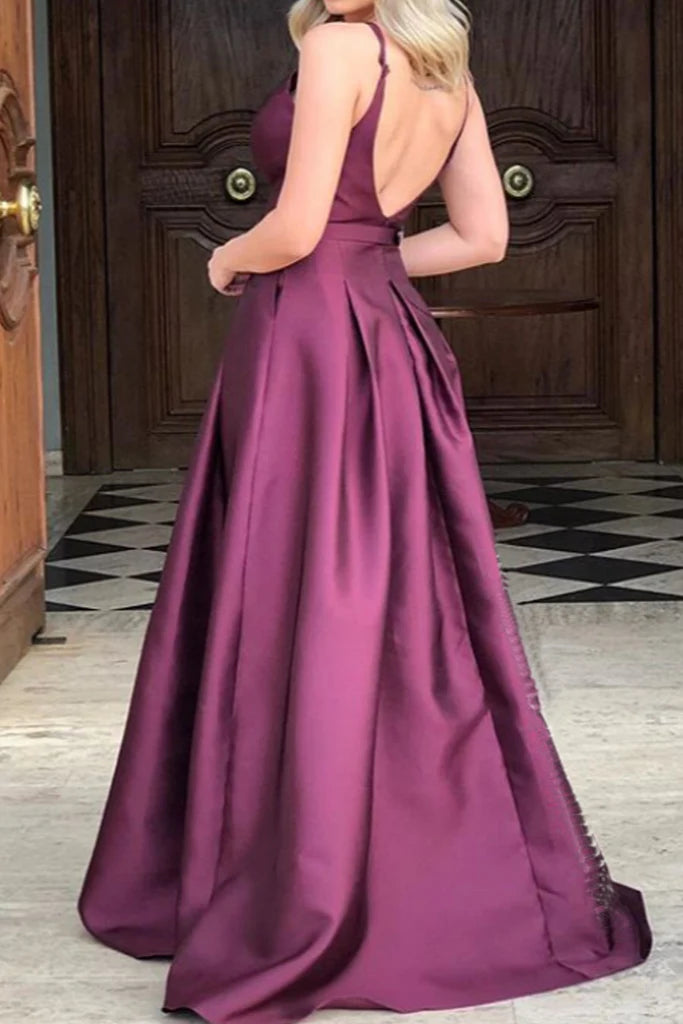 OKBBN V-neck satin long formal ball gown with suspender straps