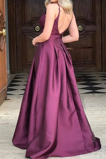 OKBBN V-neck satin long formal ball gown with suspender straps