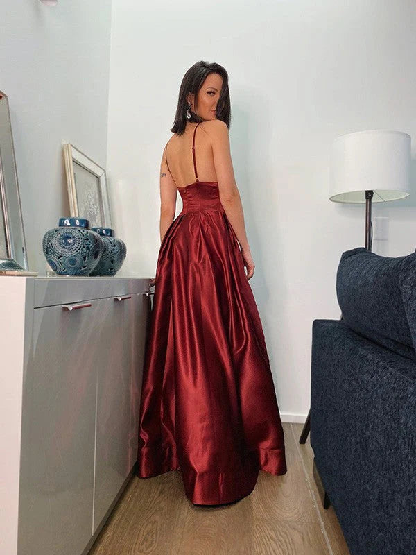 OKBBN A-line Elegant Ruffle V-neck Satin Sleeveless Ball Dress