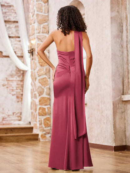 OKBBN strapless tight bridesmaid dress with slit
