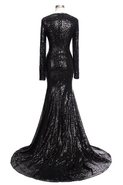 OKBBN Long Mermaid V-neck Sparkling Sleeved Ball Dress