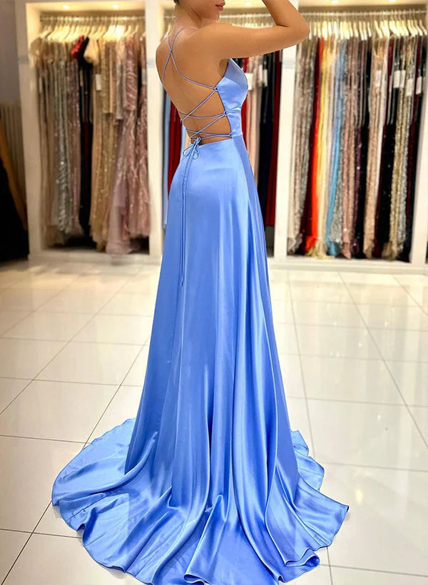 OKBBN minimalist long A-line V-neck sleeveless satin slit dance dress