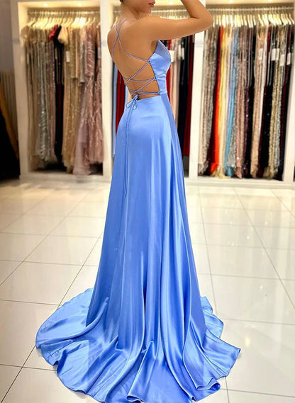 OKBBN minimalist long A-line V-neck sleeveless satin slit dance dress