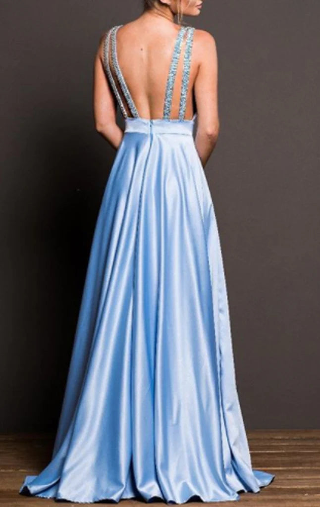 OKBBN Deep V-neck Satin Long Formal Ball Dress