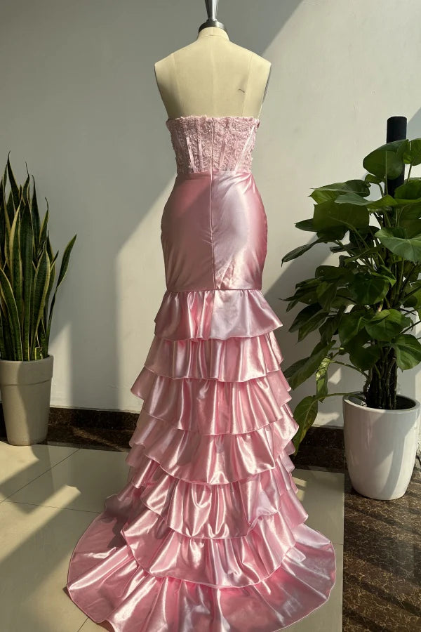 OKBBN tight off shoulder sleeveless pleated satin layered dance dress with appliqu é