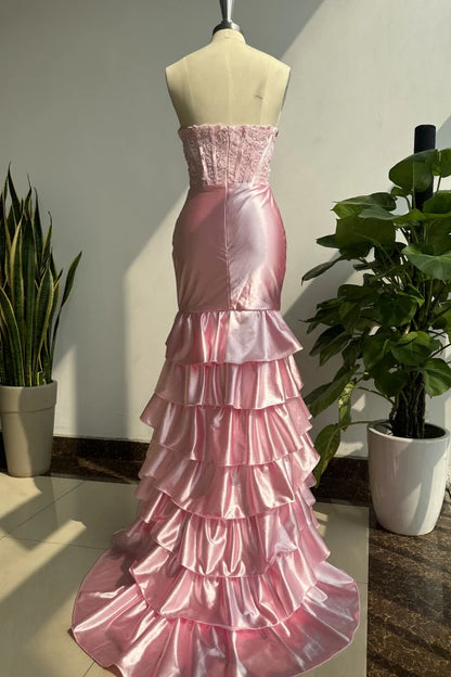 OKBBN tight off shoulder sleeveless pleated satin layered dance dress with appliqu é