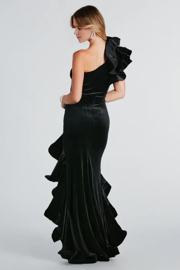OKBBN Elegant Classic Slim One Shoulder Sleeveless Ruffle Velvet Ball Dress