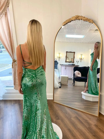 OKBBN's chic and elegant long sequined ball gown with thin shoulder straps