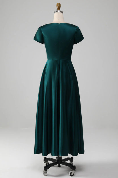 OKBBN V-neck A-line satin pleated bridal mother gown