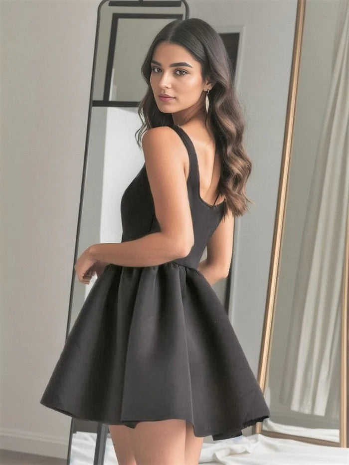 Unique square neck sexy backless A-line satin back to school dress