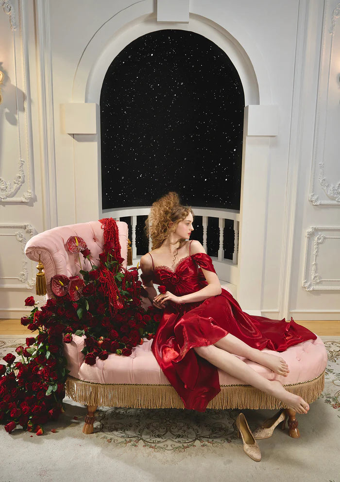Red Satin High Low Dresses with Off Shoulder Lace Trim 3D Floral Accents Back Sash and Flared Skirt