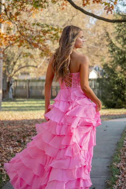 OKBBN Cute A-Shape Sweetheart Chiffon Multi Layer Long Ball Dress