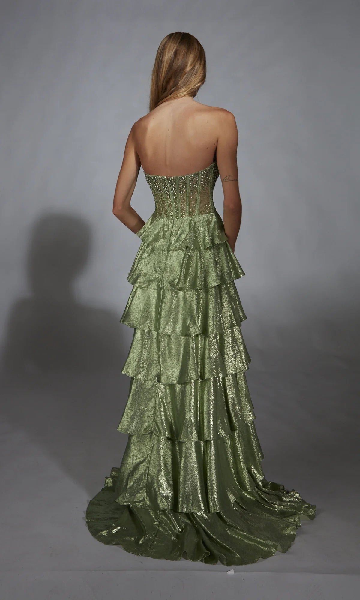 OKBBN strapless long layered A-line tight corset ball dress