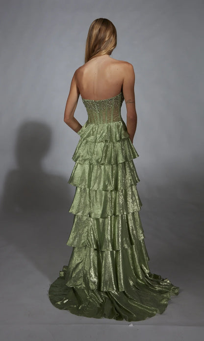 OKBBN strapless long layered A-line tight corset ball dress