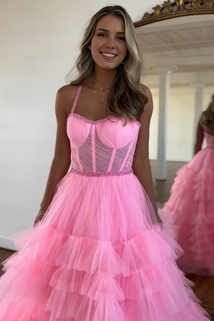 OKBBN Cute A-line Round Neck Multi Layer Chiffon Long Ball Dress