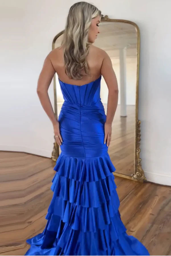 OKBBN mermaid off shoulder sleeve pleated layered side slit floor length ball dress