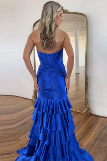 OKBBN mermaid off shoulder sleeve pleated layered side slit floor length ball dress