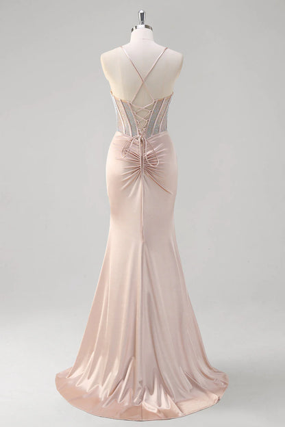 OKBBN mermaid thin shoulder strap pleated tight corset bead long slit ball dress