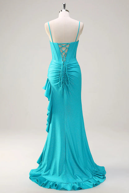 OKBBN mermaid slim shoulder strap pleated tight corset slit ball dress