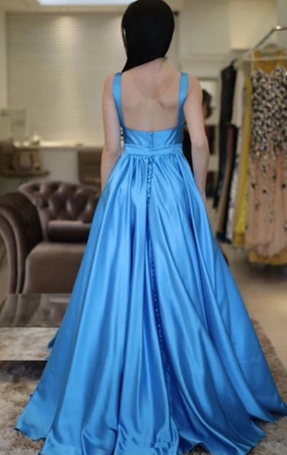 OKBBN V-neck satin long formal ball gown with suspender straps