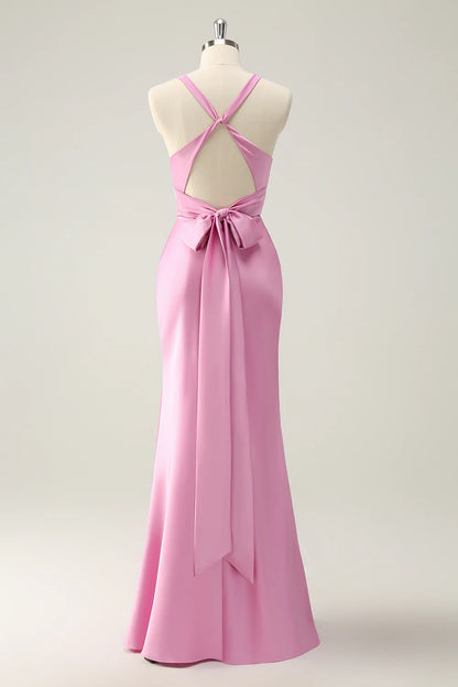 OKBBN Mermaid V-neck Satin Long Bridesmaid Dress