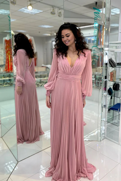 OKBBN charming A-line V-neck chiffon long sleeved bridesmaid dress