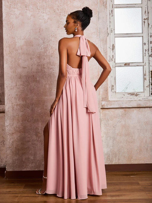 OKBBN pleated neck hanging chiffon split bridesmaid dress