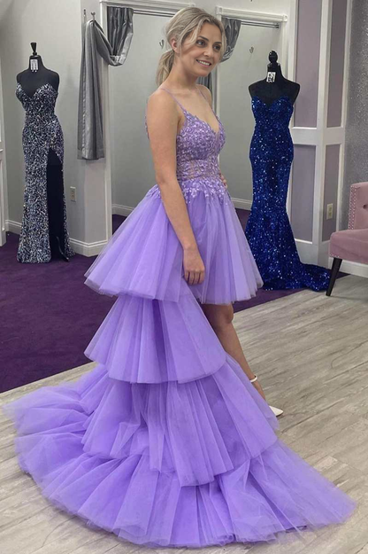 OKBBN High and Low Lace V-neck Layered Ball Dress
