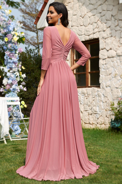 OKBBN A-line V-neck long sleeved chiffon ballroom gown