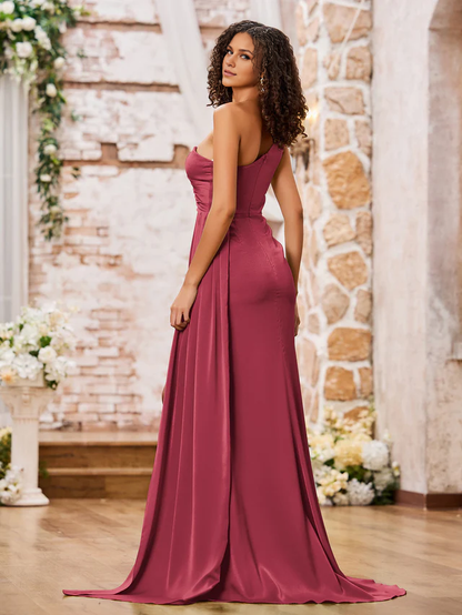 OKBBN one shoulder tight height slit sexy bridesmaid dress
