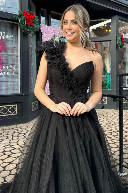 OKBBN Cute One Shoulder Black Tulle Long Ball Gown