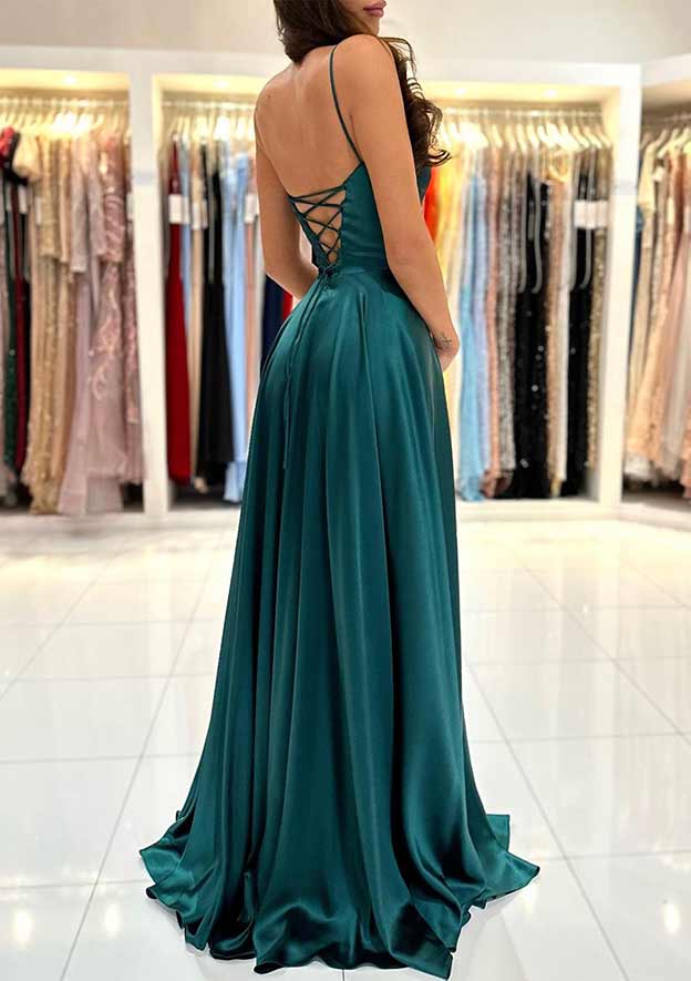 OKBBN A-line square neckline thin shoulder strap backless long slit dance dress