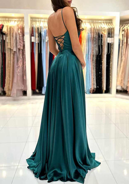 OKBBN A-line square neckline thin shoulder strap backless long slit dance dress
