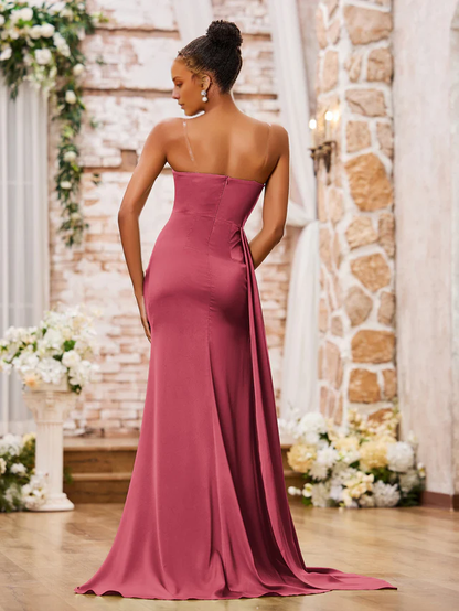 OKBBN tight slim shoulder strap soft satin sexy slit bridesmaid dress