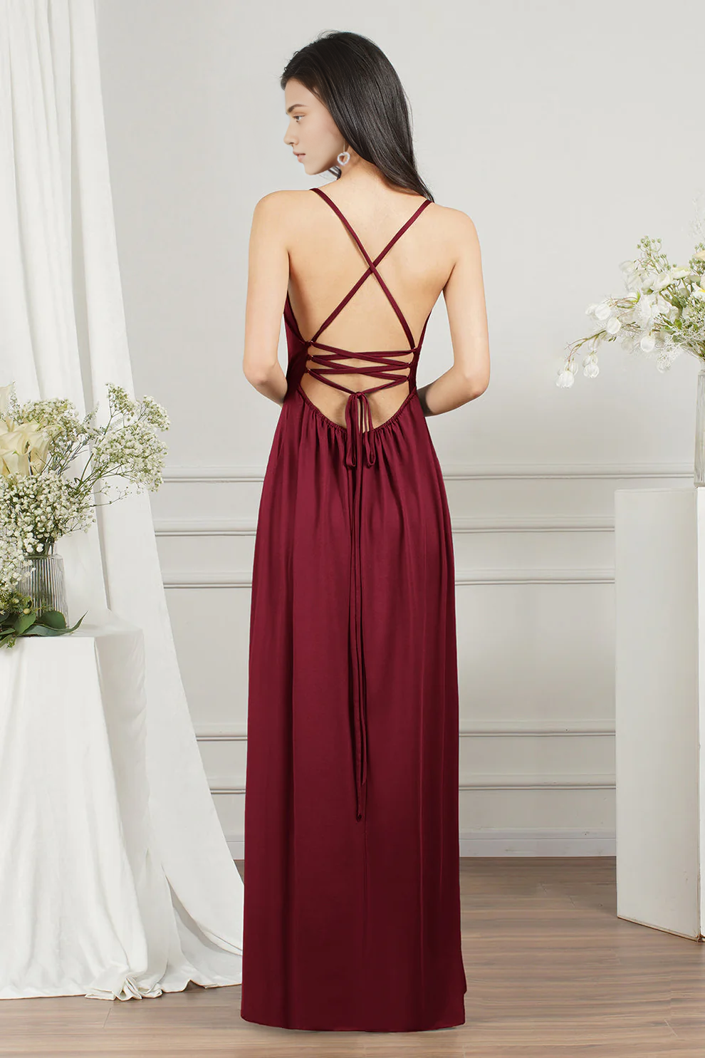 OKBBN minimalist A-line V-neck backless slit long ball gown