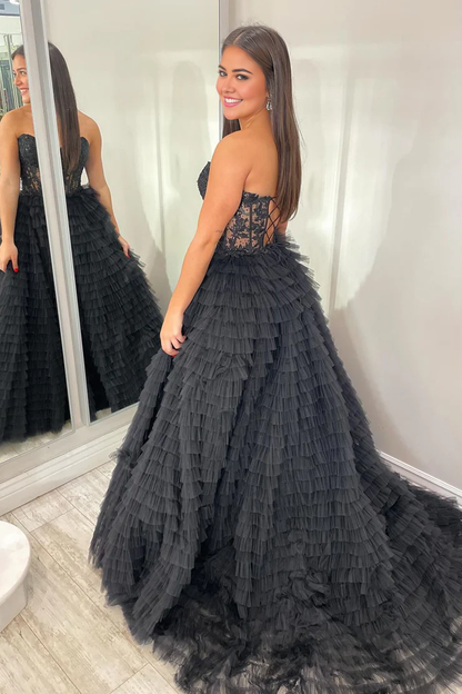 OKBBN applique off shoulder ruffle edge layered chiffon long dance dress