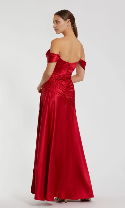 OKBBN Long Red Hard Satin Off Shoulder Collar Ball Dress