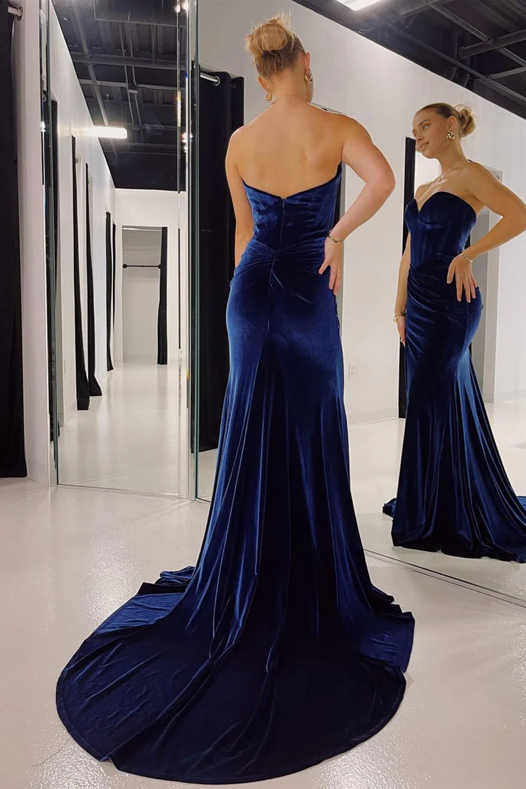 OKBBN Charming Mermaid Sweetheart Velvet Split Long Ball Dress