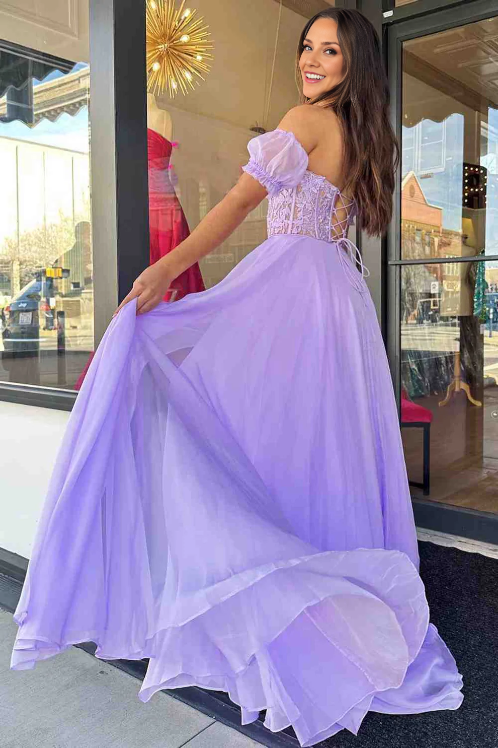 OKBBN off shoulder A-line chiffon applique lace up long ball gown