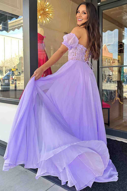 OKBBN off shoulder A-line chiffon applique lace up long ball gown