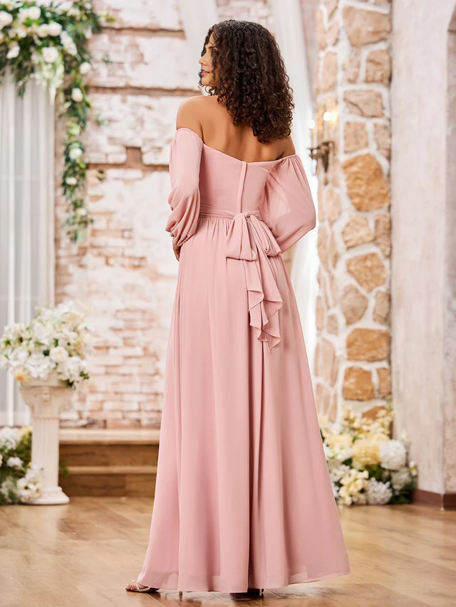 OKBBN off shoulder long sleeved chiffon split bridesmaid dress