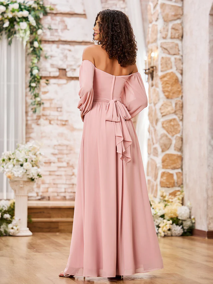 OKBBN off shoulder long sleeved chiffon split bridesmaid dress