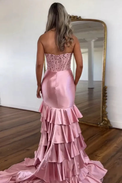 OKBBN Sweet and Cute Mermaid Off Shoulder Sleeveless Ruffle Sparkle Stacked High Side Split Ball Dress