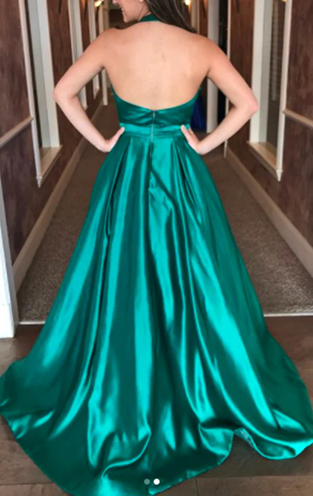 OKBBN Deep V-neck Long Satin Formal Ball Dress