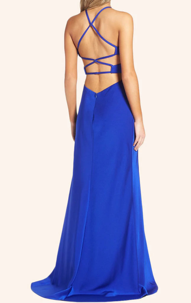 OKBBN backless tight knit long ball gown with slit