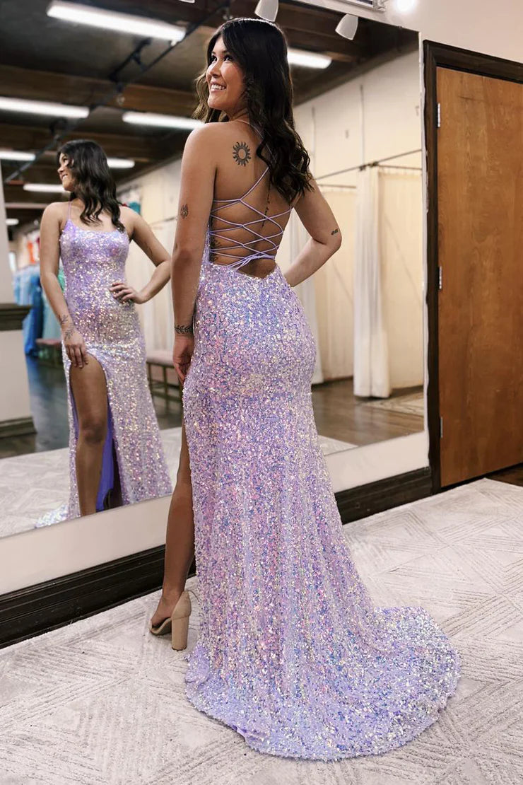 OKBBN Cute Mermaid Round Neck Sparkling Long Split Ball Dress