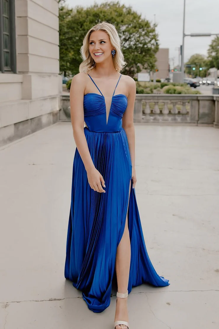 OKBBN Cute A-line Thin Shoulder Strap Folded Satin Long Ball Dress
