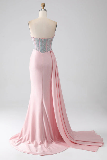 OKBBN mermaid off shoulder beaded pleated long high slit dance dress