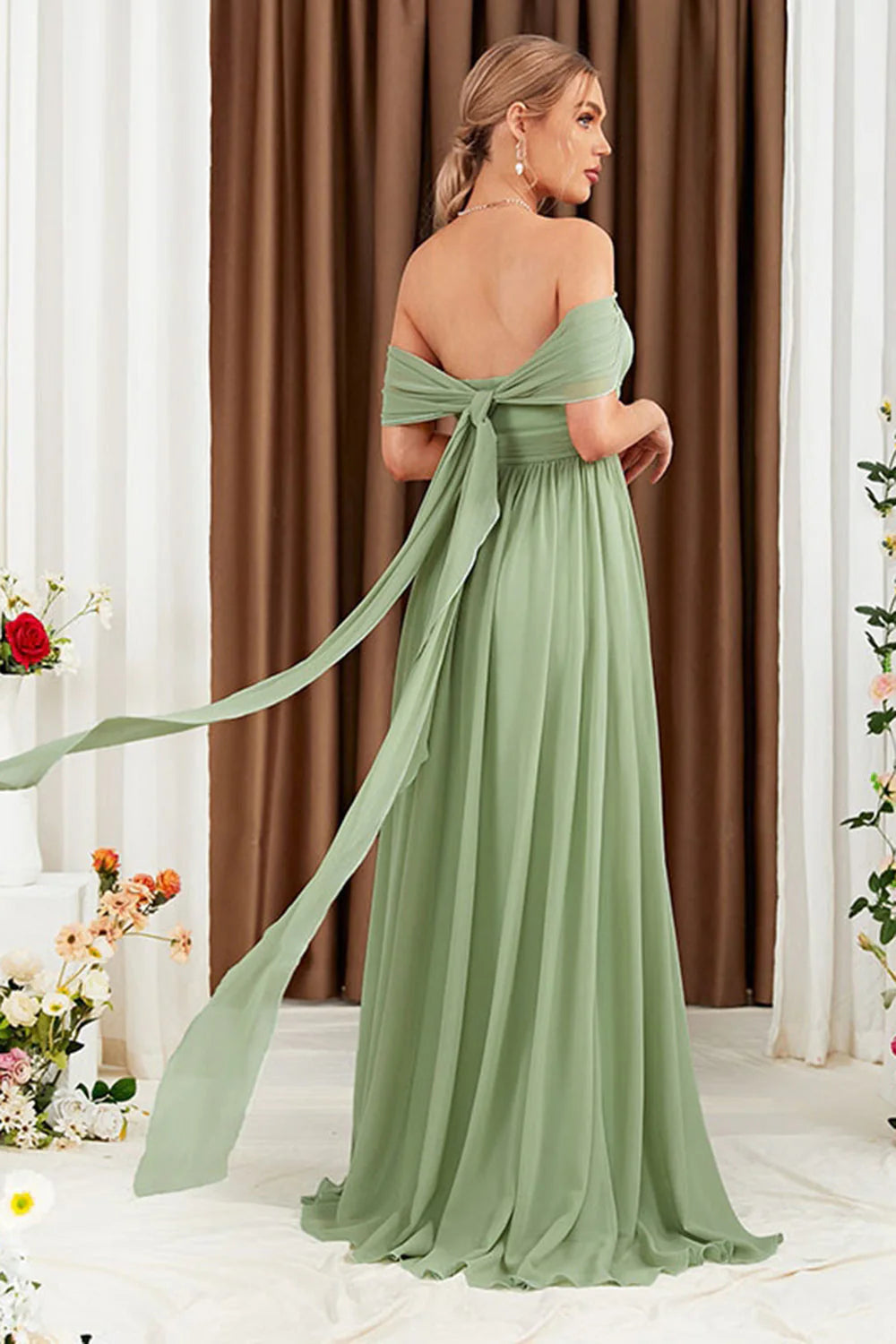 OKBBN A-line chiffon off shoulder backless evening gown